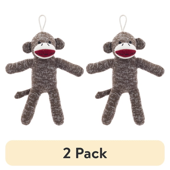 (2 pack) Vibrant Life Brown Sock Monkey Plush Dog Toy with Squeaker, Chew Level 1