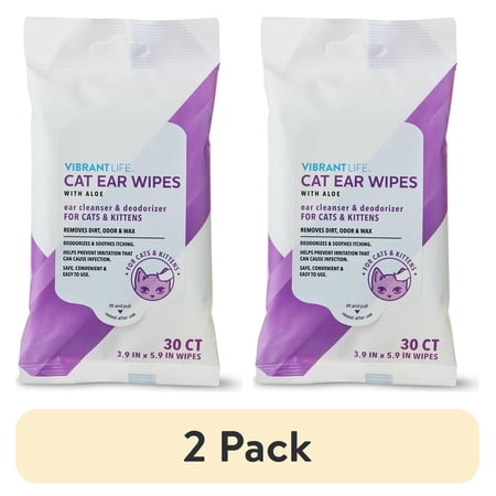 (2 pack) Vibrant Life Cat Ear Wipes with Aloe, 30 Count. Cat Ear Care Type of Wipe.