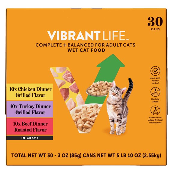 (2 pack) Vibrant Life Variety Pack Grilled & Roasted Flavor in Gravy Wet Cat Food, 3 oz Cans, 30 Count