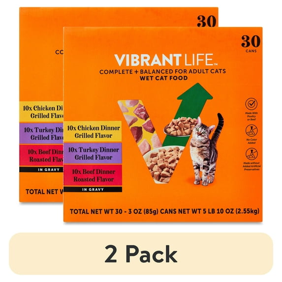 (2 pack) Vibrant Life Variety Pack Grilled & Roasted Flavor in Gravy Wet Cat Food, 3 oz Cans, 30 Count