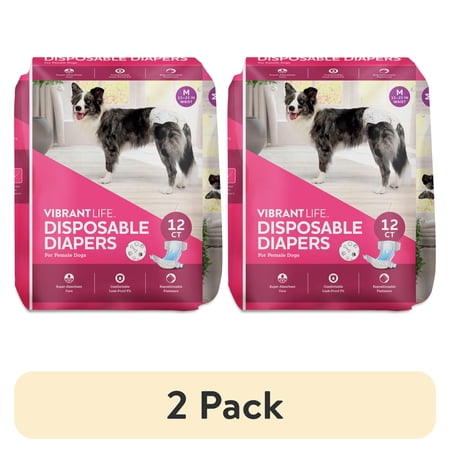 (2 pack) Vibrant Life Disposable Dog Diapers for Female Dogs, Medium, 12 Count