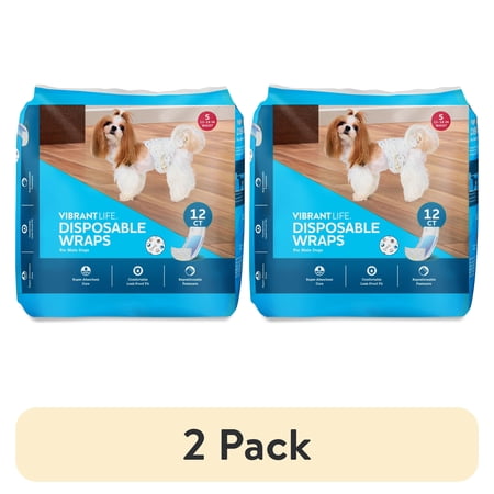 (2 pack) Vibrant Life Disposable Dog Wraps for Male Dogs, S, 12 Count