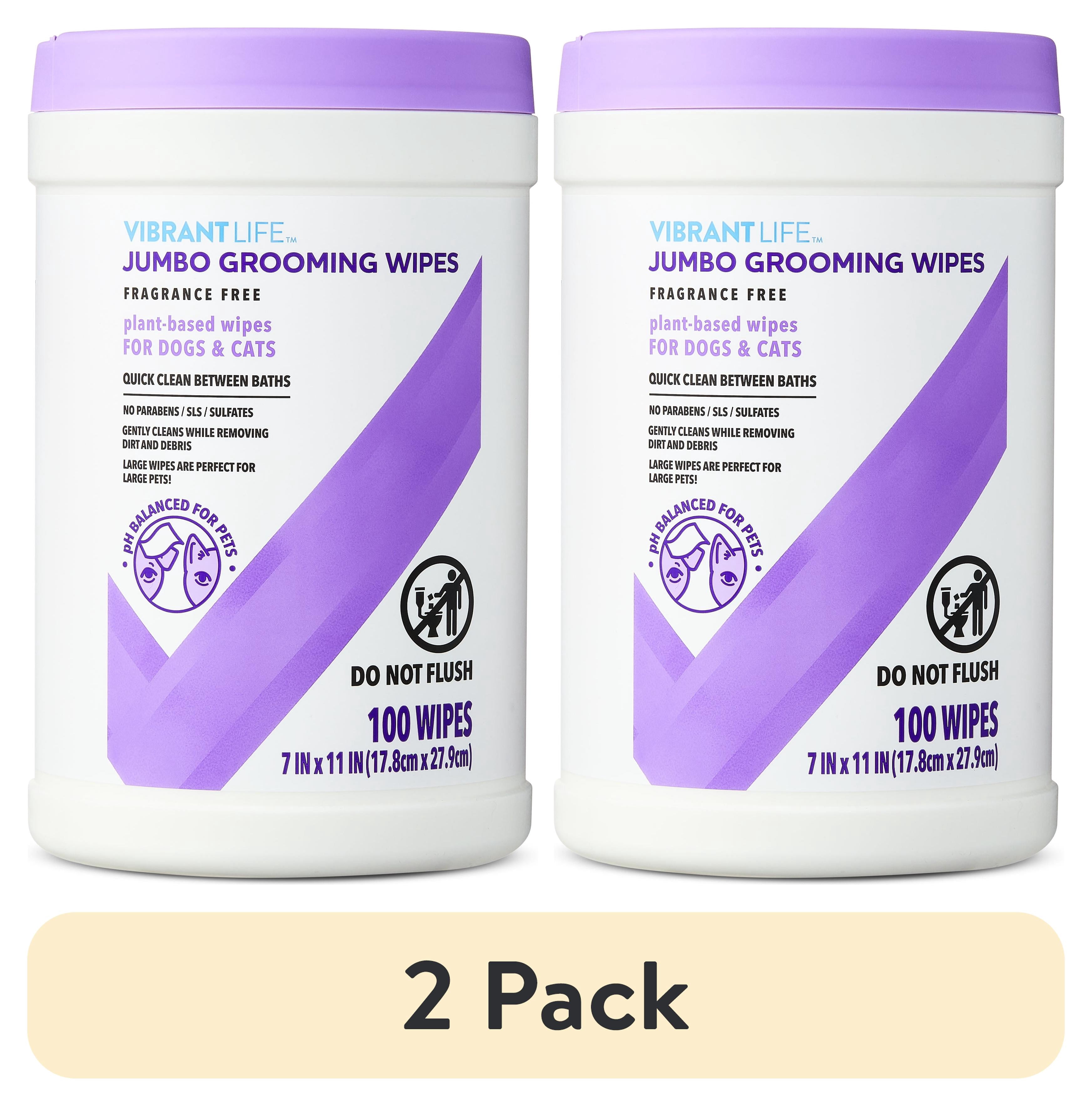 (2 pack) Vibrant Life Jumbo Grooming Wipes for Dogs & Cats, Fragrance Free, 100 Wipes