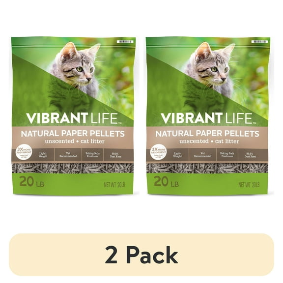 (2 pack) Vibrant Life Natural Paper Pellets Cat Litter, Unscented, 20 lb