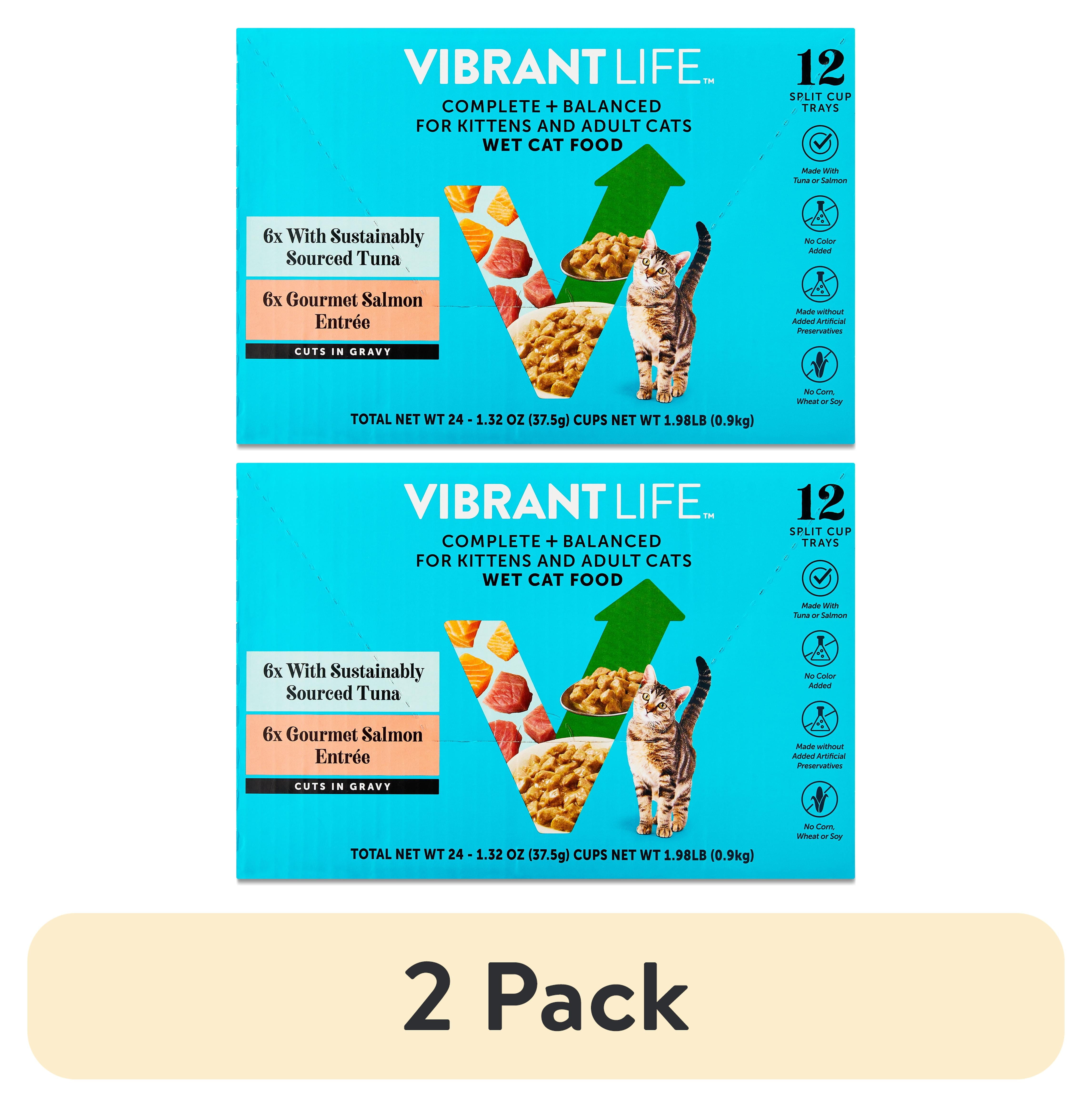 (2 pack) Vibrant Life Tuna & Salmon Cuts in Gravy Wet Cat Food, Complete + Balanced Variety Pack, 2.64 oz Split Trays, 12 Count