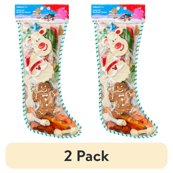 (2 pack) Vibrant Life Stocking with Assorted Rawhide Chews, Holiday Treats for Dogs, Dry, 18.17 oz, 15 Count