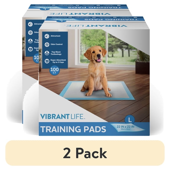 (2 pack) Vibrant Life Training Pads – Super Absorbent, Leak Proof, & Fast Dry Dog and Puppy Pee Pads – L 22 in x 22 in, 100 Count