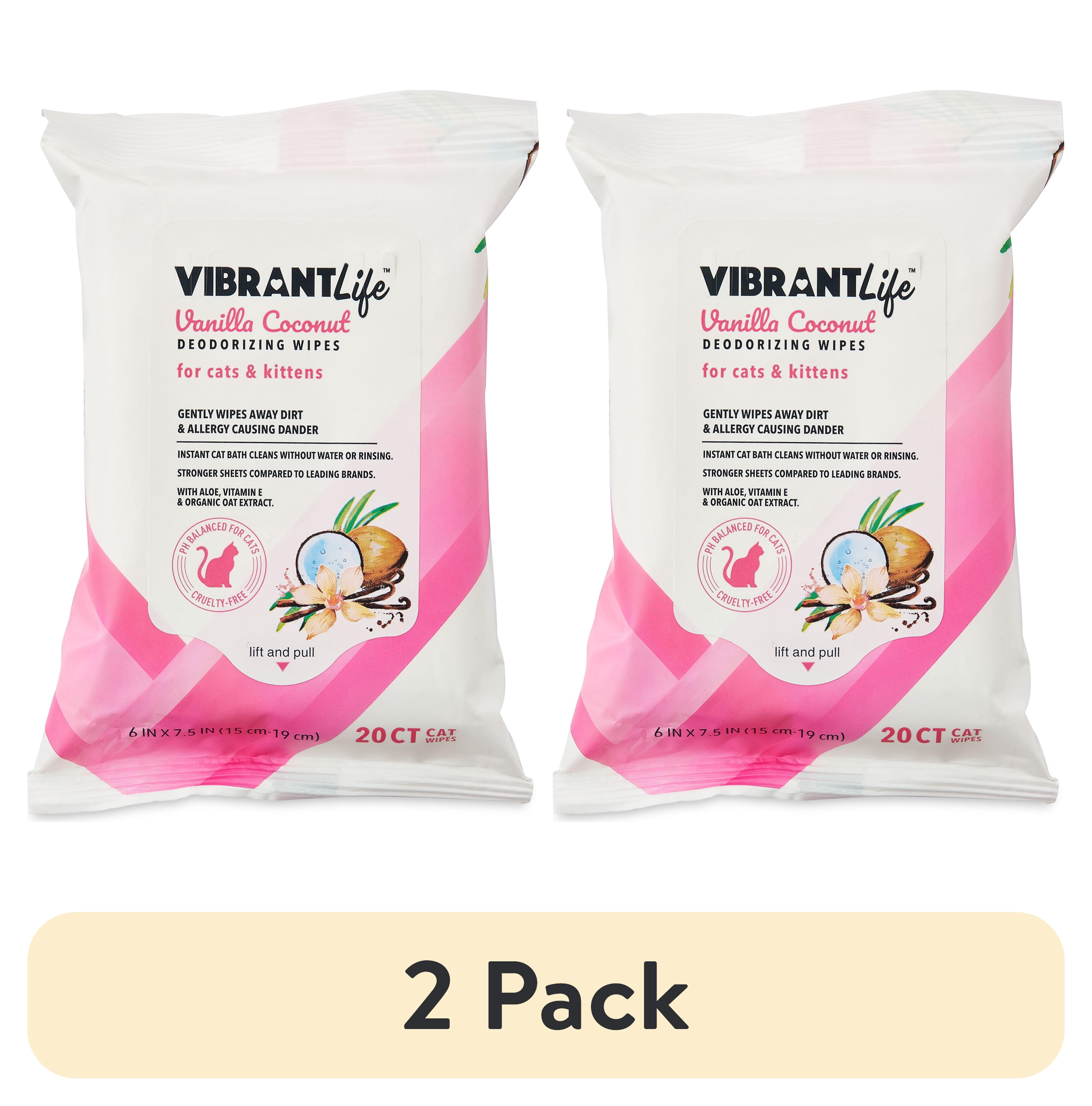 (2 pack) Vibrant Life Vanilla Coconut Deodorizing Wipes for Cats & Kittens, 20 Count