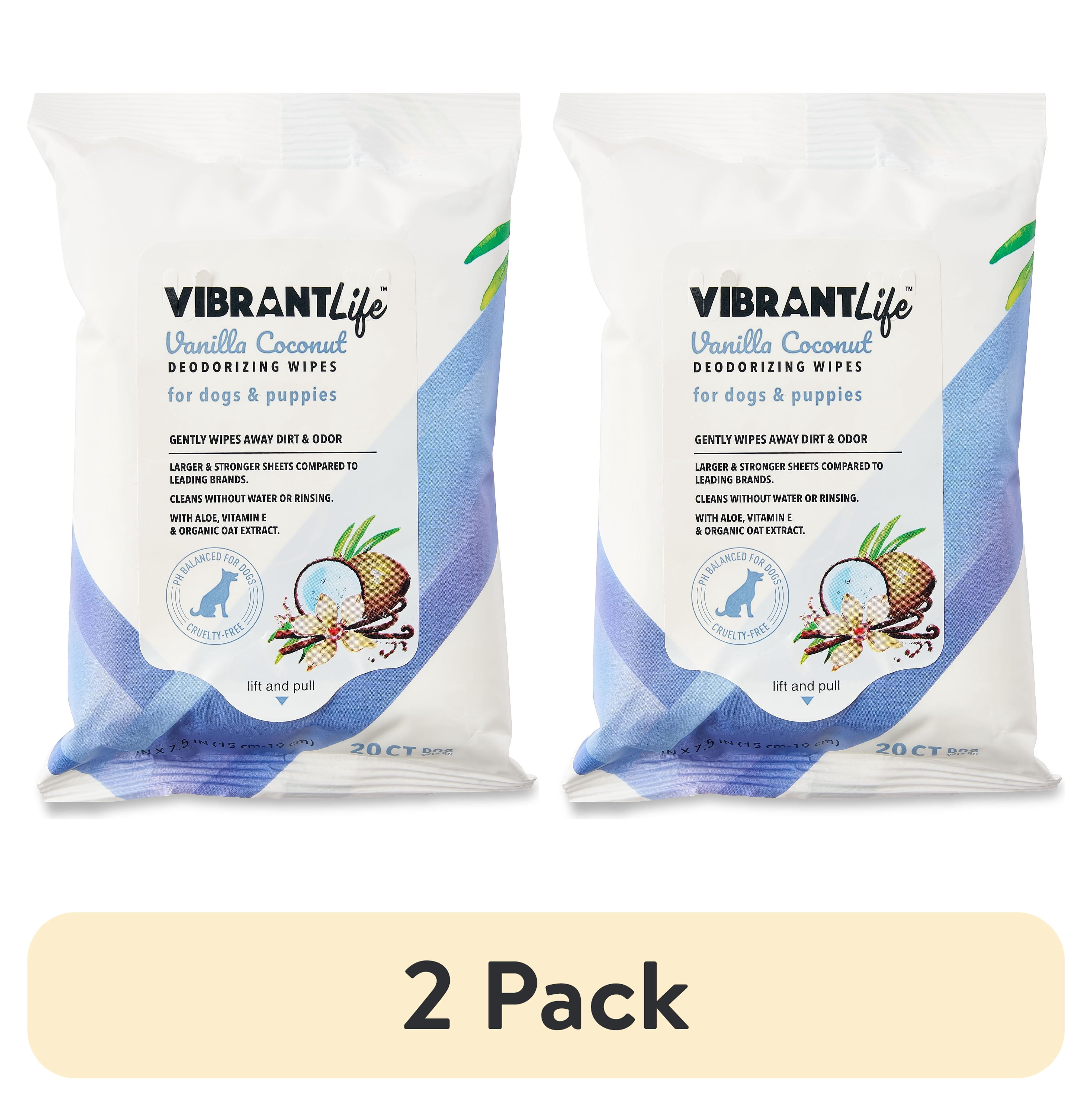 (2 pack) Vibrant Life Vanilla Coconut Deodorizing Wipes for Dogs & Puppies, 20 Count