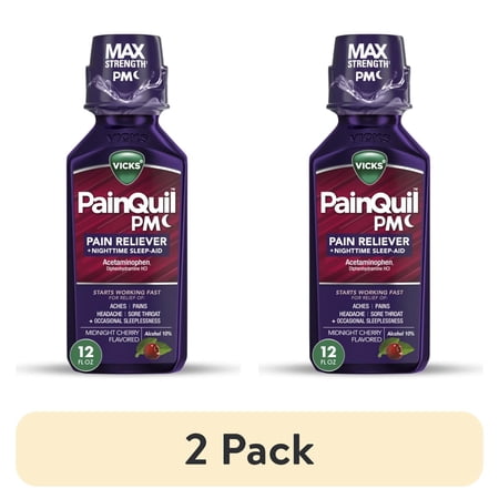 (2 pack) Vicks PainQuil Pain Relief Acetaminophen 1000mg Max Strength Adult Pain Reliever Liquid 12oz, Backache Headache Relief, 1 Nighttime Pain Reliever + Sleep Aid