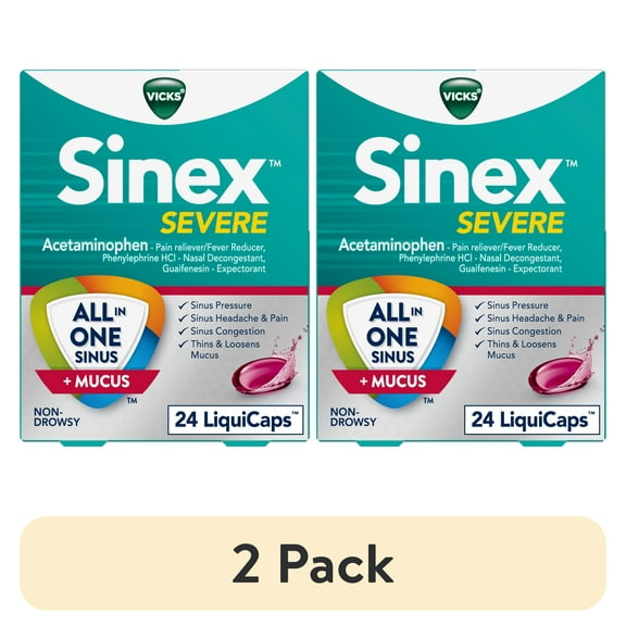 (2 pack) Vicks Sinex Severe LiquiCaps, Non-Drowsy Mucus +Sinus Relief, Over-the-Counter Medicine, 24 Ct