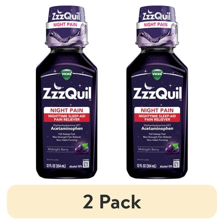 (2 pack) Vicks ZzzQuil Night Pain, Sleep Aid Pain Reliever Liquid, Sleep Aid and Pain Relief, Berry 12 Fl oz