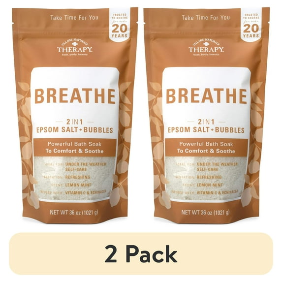 (2 pack) Village Naturals Therapy Breathe 2in1 Foaming Epsom Bath Soak, Echinacea, Ginger & Ginseng