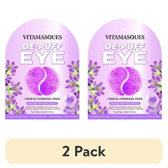 (2 pack) Vitamasques De-Puff Hydrogel Eye Pads, with Lavender & Vegan Collagen, 1 Pair