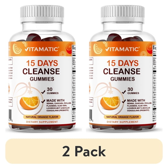 (2 pack) Vitamatic 15 Day Cleanse Gummies, Senna, Cascara, Psyllium, Flaxseed, Aloe Vera, Licorice, MCT, Probiotic