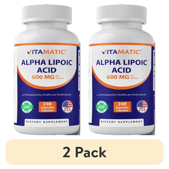 (2 pack) Vitamatic Alpha Lipoic Acid (ALA) 600mg Per Serving - 240 Vegetable Capsules - 120 Servings - Non-GMO & Gluten Free