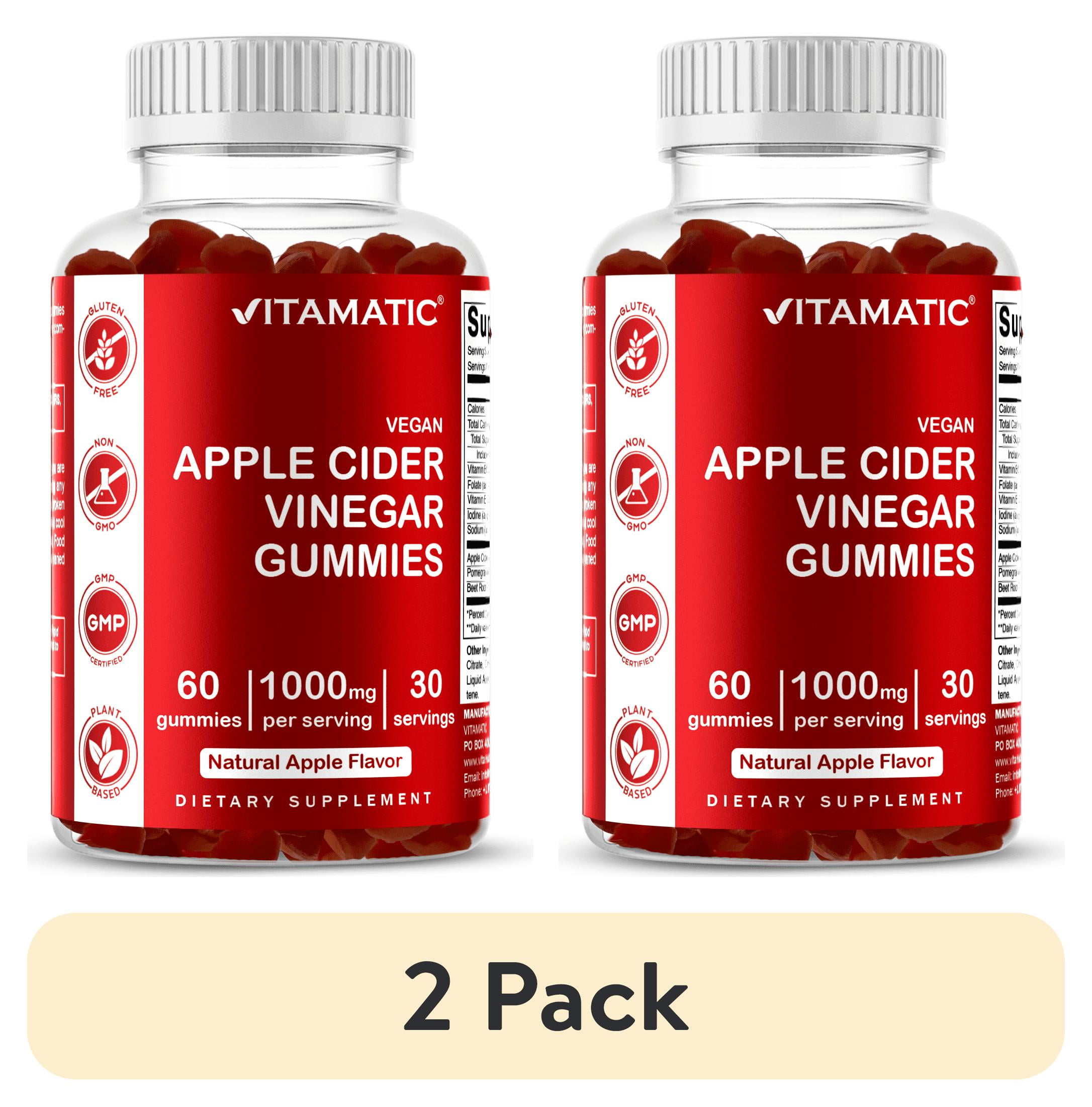 (2 pack) Vitamatic Apple Cider Vinegar Gummies - 1000mg per serving - 60 Vegan Gummies - ACV Gummies for Detox, Weight Loss Support, Energy Boost, Digestion & Gut Health