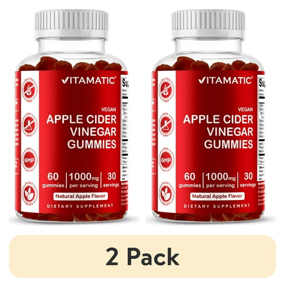 (2 pack) Vitamatic Apple Cider Vinegar Gummies - 1000mg per serving - 60 Vegan Gummies - ACV Gummies for Detox, Weight Loss Support, Energy Boost, Digestion & Gut Health