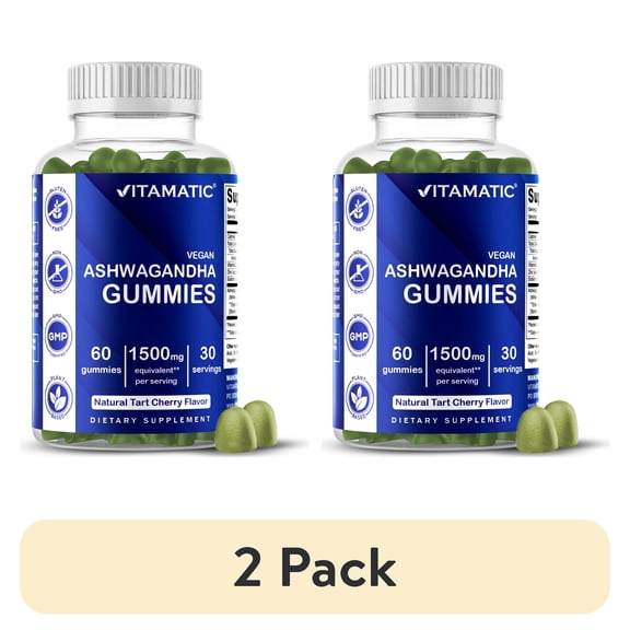 (2 pack) Vitamatic Ashwagandha Gummies 1500mg per Serving - 60 Vegan Gummies - 3% Withanolides - Promotes Stress Relief Naturally, Relaxation, Calmness & Immune Health