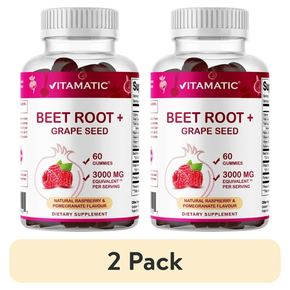 (2 pack) Vitamatic Beet Root Gummies 3000 mg Equivalent Per Serving - 60 Gummies - Made with Vitamin B6, B12, Grape Seed, Pomegranate & Nicotinamide