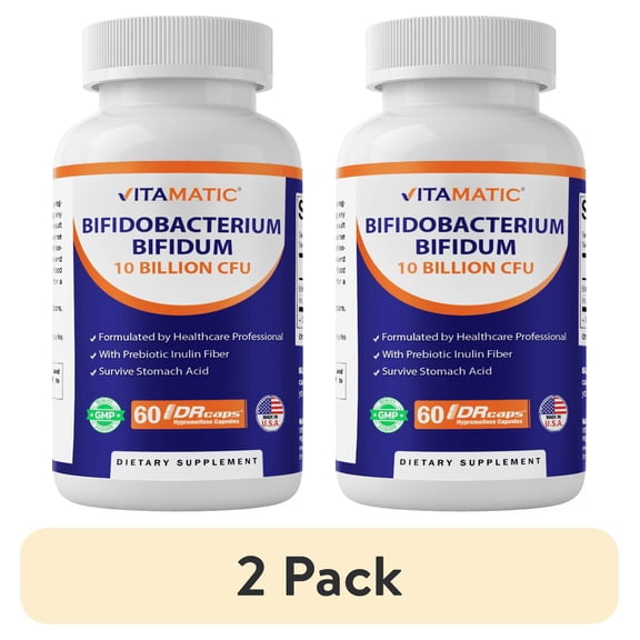 (2 pack) Vitamatic Bifidobacterium Bifidum - 10 Billion per DR Capsule - 60 Count - Digestive Support - Made with Prebiotic Inulin Fiber