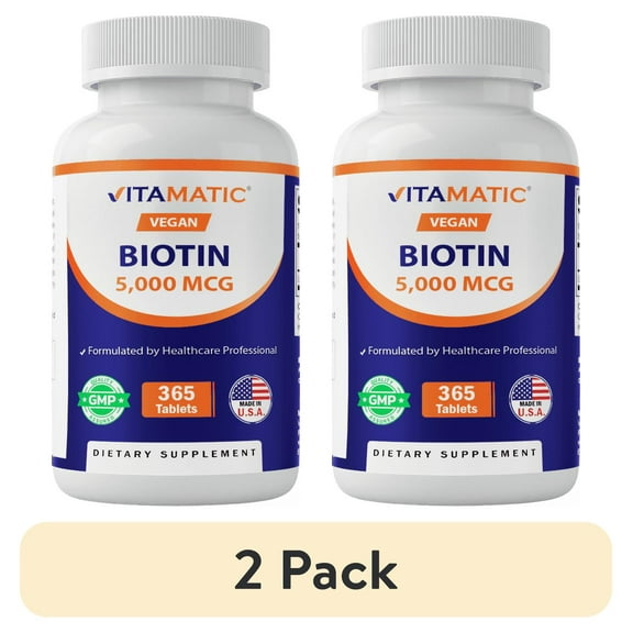 (2 pack) Vitamatic Biotin 5000mcg (5 mg) for Stronger Hair, Skin & Nails - 365 Vegan Tablets- Also Called Vitamin B7