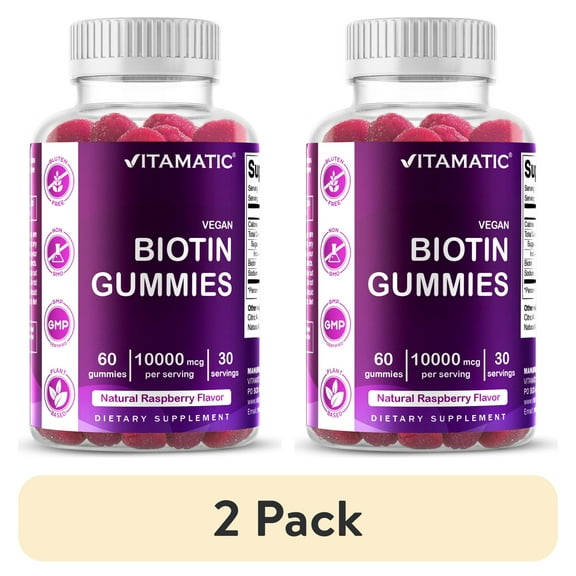 (2 pack) Vitamatic Biotin Gummies 10,000 mcg for  Hair, Skin & Nails Supports - 60 Vegan Gummies - Also Called Vitamin B7