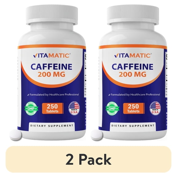 (2 pack) Vitamatic Caffeine Pills 200mg per Serving, 250 Vegetarian Tablets - Nootropic Supplement for Focused Energy