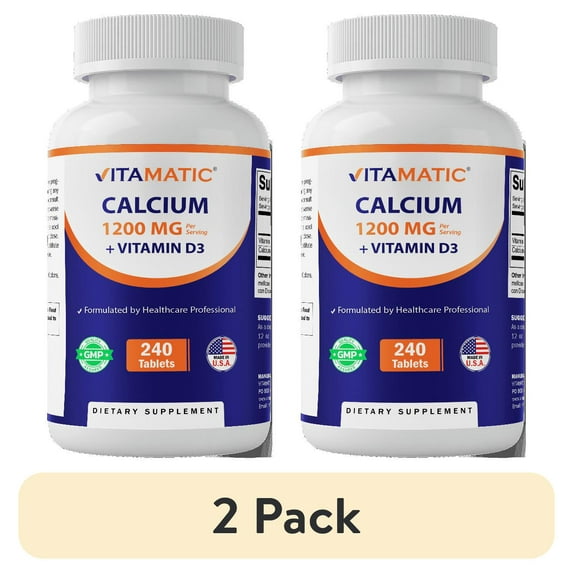 (2 pack) Vitamatic Calcium 1200mg with Vitamin D3 2000 IU (50mcg) – Bone & Immune Support Formula – 240 Tablets – High Absorption Calcium Carbonate with D3 – Non-GMO, Gluten-Free