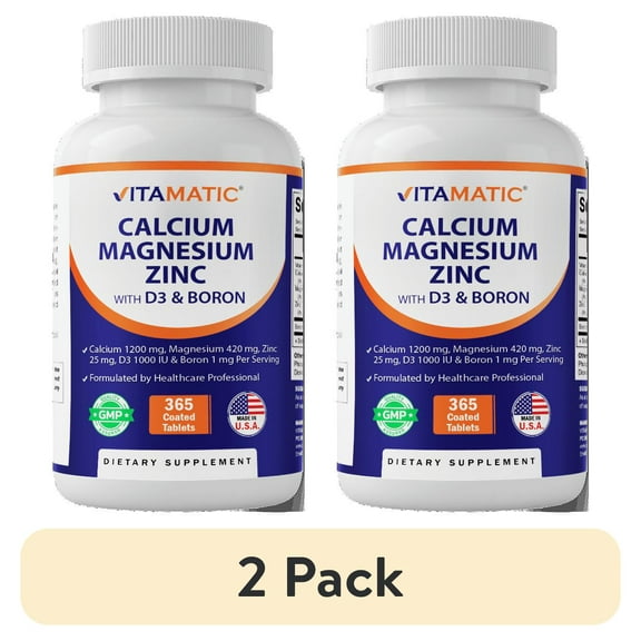 (2 pack) Vitamatic Calcium Magnesium Zinc D3 Boron | 365 Coated Tablets Supplement | Calcium 1200 mg, Magnesium 420mg, Zinc 25mg, Vitamin D3 1000 IU, Boron 1 mg | Non-GMO | Gluten Free | Made in USA