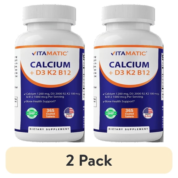 (2 pack) Vitamatic Calcium Supplement 1200mg with D3, K2 & B12, Immune & Bone Health Support - 365 Coated Tablets