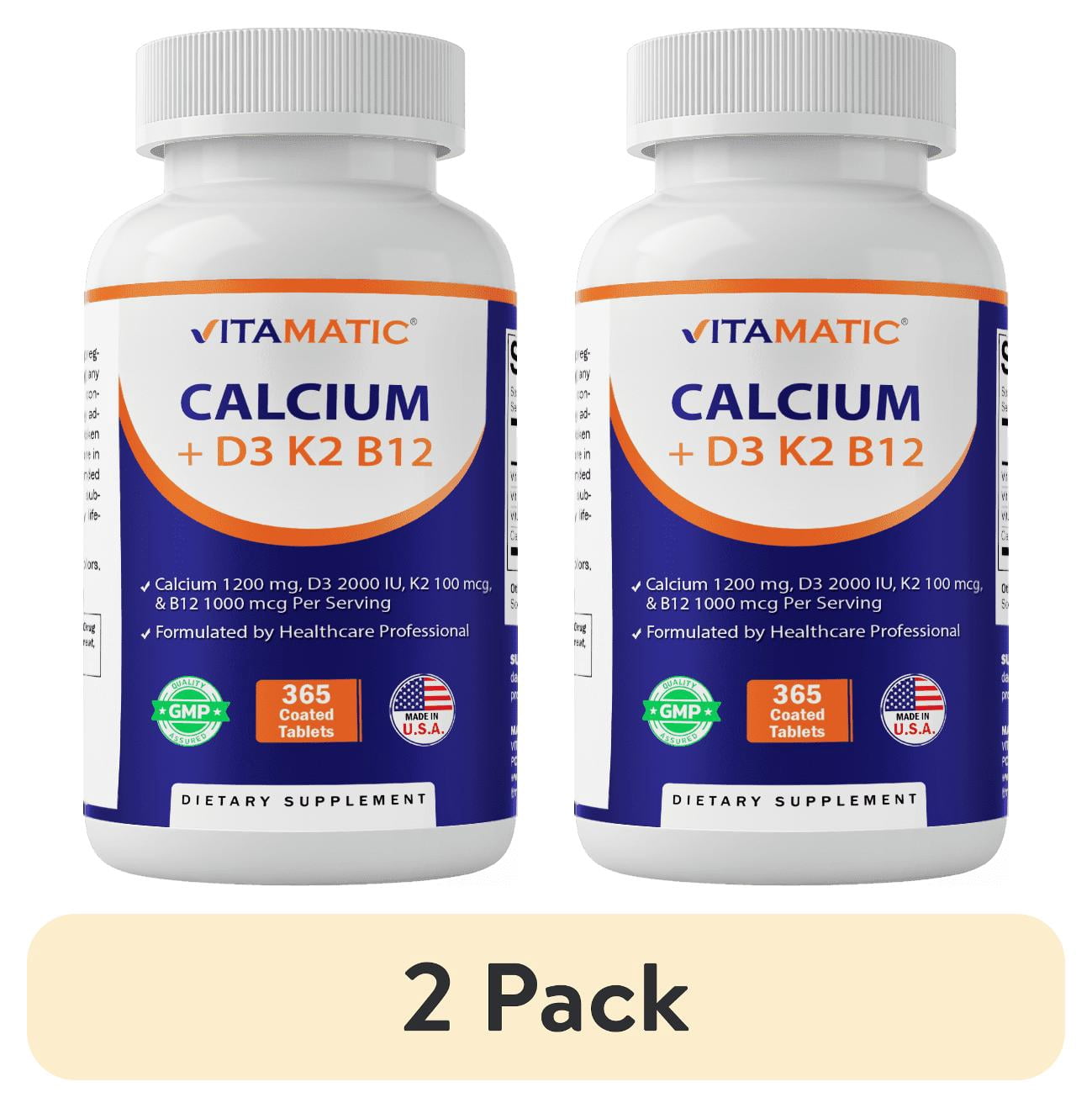 (2 pack) Vitamatic Calcium Supplement 1200mg with D3, K2 & B12, Immune & Bone Health Support - 365 Coated Tablets