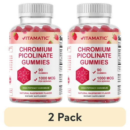 (2 pack) Vitamatic Chromium Picolinate 1000 mcg - 90 Gummies - High Potency Chromium - Raspberry Flavor