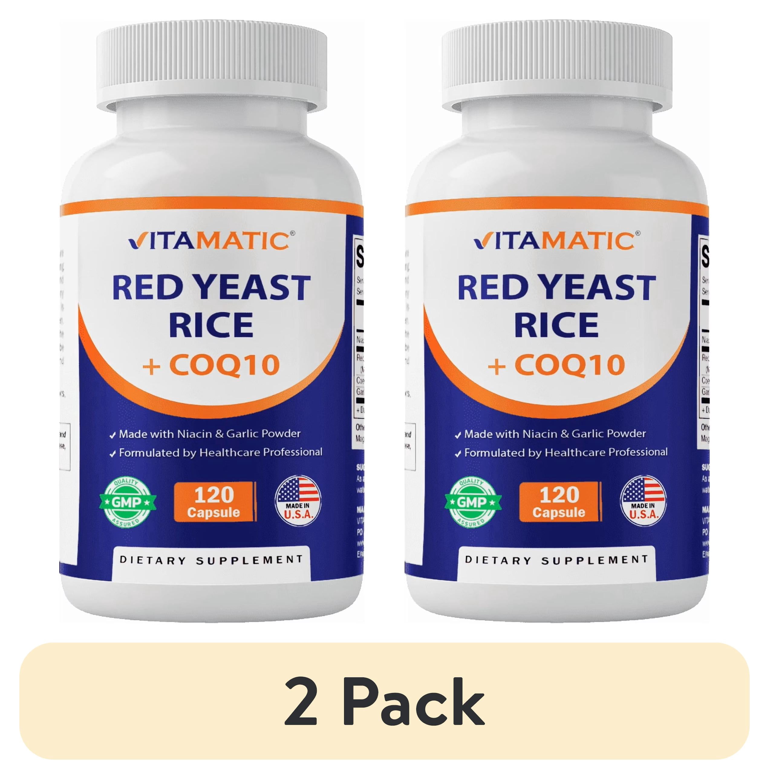 (2 pack) Vitamatic Citrinin-Free Red Yeast Rice 1200 mg. Capsules with CoQ10 100mg, Flush Free Niacin 100mg, & Garlic Powder 20mg - 120 Veg Capsules