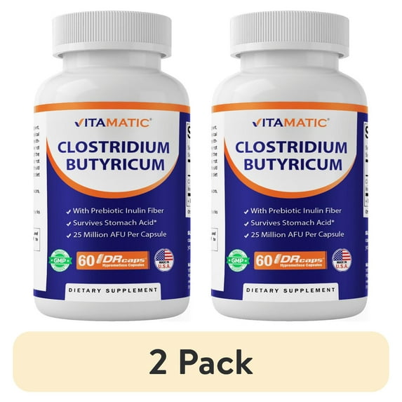 (2 pack) Vitamatic Clostridium butyricum 25 Million - Gut Health - 60 DR Capsules (Delayed Released) - Made with Prebiotic Inulin Fiber