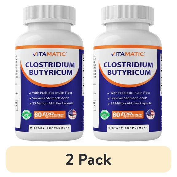 (2 pack) Vitamatic Clostridium butyricum 25 Million - Gut Health - 60 DR Capsules (Delayed Released) - Made with Prebiotic Inulin Fiber