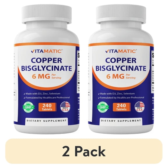 (2 pack) Vitamatic Copper Bisglycinate 6 mg Made with Vitamin D3 2000 IU, Zinc 50mg, Selenium 50mcg - 240 Tablets - Non-GMO & Gluten Free