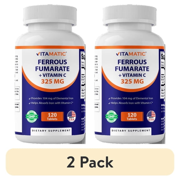 (2 pack) Vitamatic Ferrous Fumarate 325 mg + Vitamin C 100 mg (104 mg Elemental Iron) High Potency Iron Supplement Gentle on Stomach, 120 Tablets, Made in USA