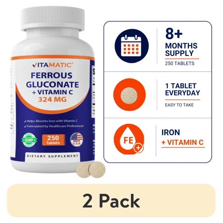 (2 pack) Vitamatic Ferrous Gluconate 324 mg + Vitamin C 100 mg - (65 mg Elemental Iron) High Potency Iron Supplement - No Artificial Color Additives - Gentle on Stomach - 250 Tablets - Made in USA
