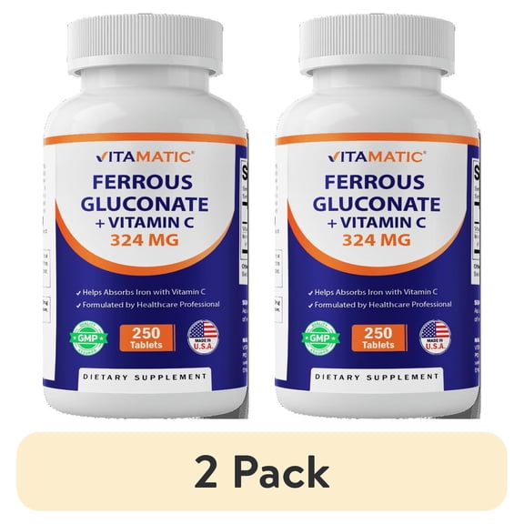(2 pack) Vitamatic Ferrous Gluconate 324 mg + Vitamin C 100 mg - (65 mg Elemental Iron) High Potency Iron Supplement - No Artificial Color Additives - Gentle on Stomach - 250 Tablets - Made in USA