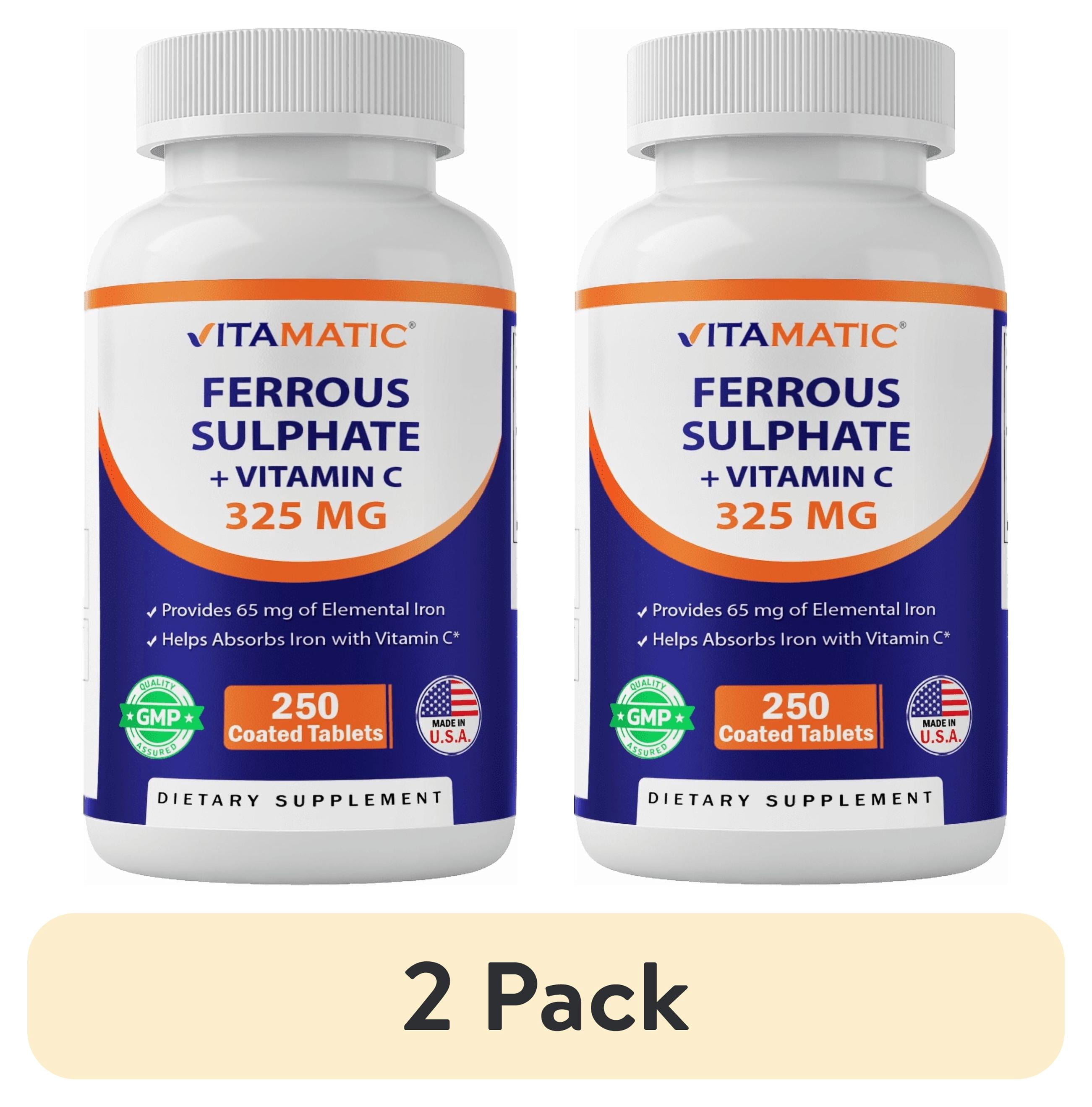 (2 pack) Vitamatic Ferrous Sulphate 325 mg + Vitamin C 100 mg - (65 mg Elemental Iron) High Potency Iron Supplement | No Artificial Color Additives - 250 Coated Tablets - Made in USA