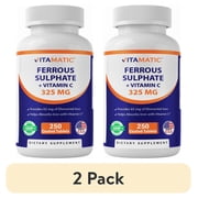 2 pack Vitamatic Ferrous Sulphate 325 mg + Vitamin C 100 mg - 65 mg Elemental Iron High Potency Iron Supplement | No Artificial Color Additives - 250 Coated Tablets - Made in USA
