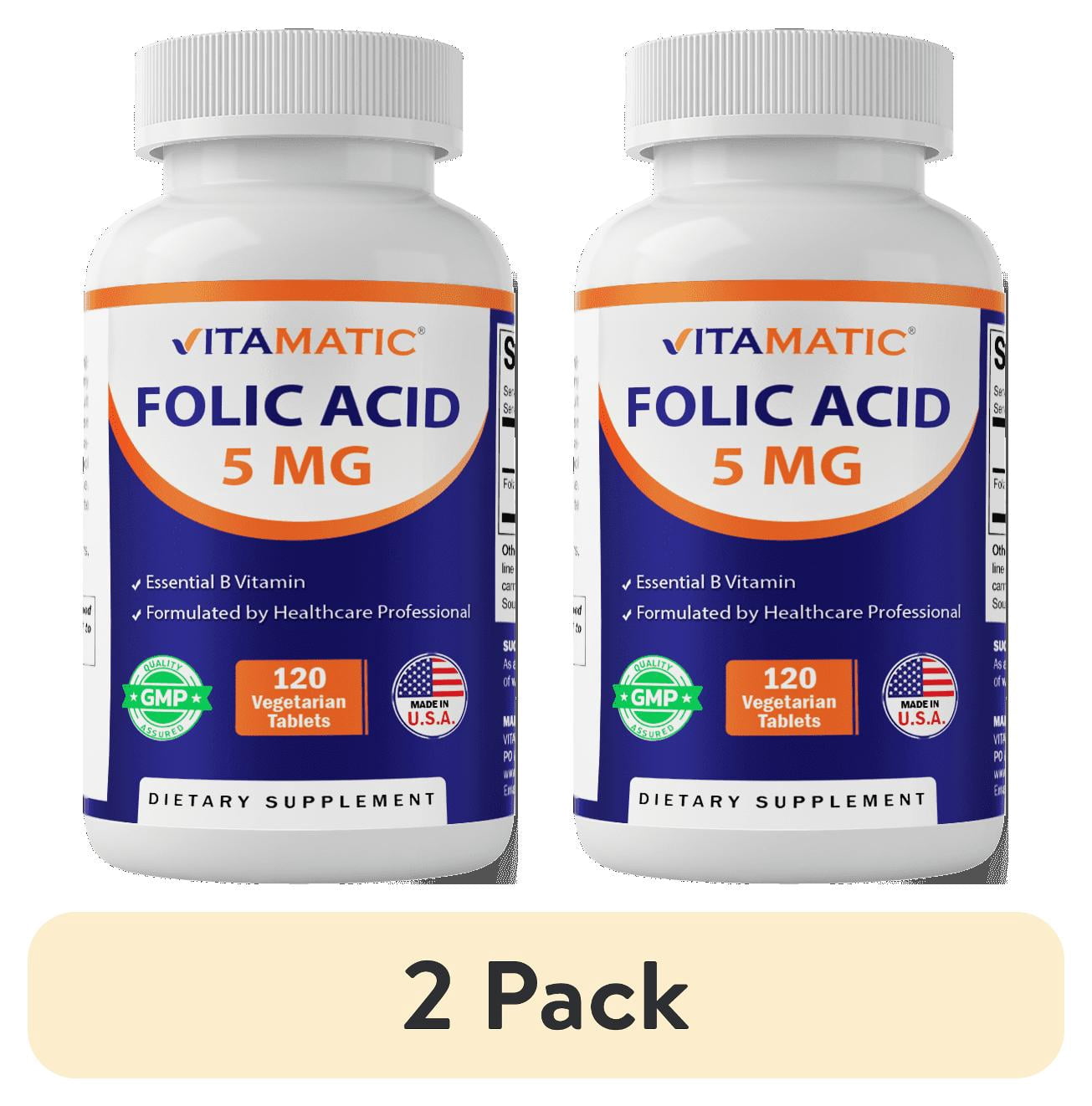 (2 pack) Vitamatic Folic Acid 5mg (5000 mcg) - 120 Vegetarian Tablets ...