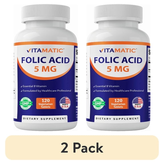 (2 pack) Vitamatic Folic Acid 5mg (5000 mcg) - 120 Vegetarian Tablets - (Vitamin B9 Folate)