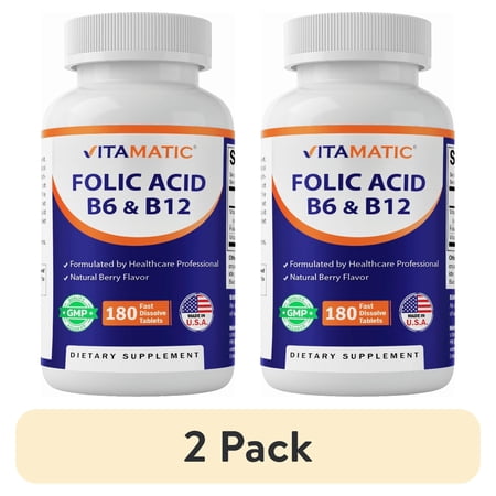 (2 pack) Vitamatic Folic Acid B12 B6 - Heart Health, Energy & Red Blood Cell Support - 180 Fast Dissolve Tablets