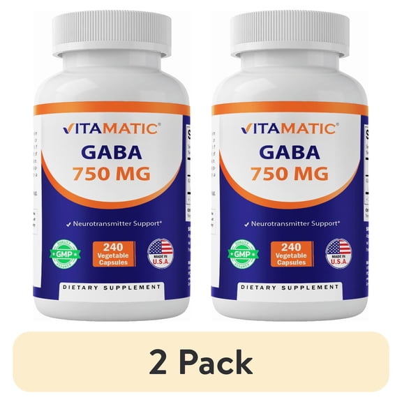 (2 pack) Vitamatic GABA (Gamma Aminobutyric Acid) 750mg, 240 Vegetable Capsules, 240 Servings - Non-GMO, Gluten Free