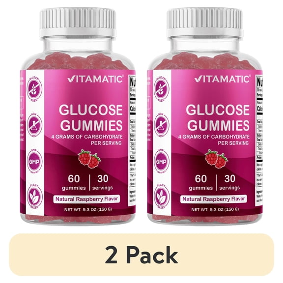 (2 pack) Vitamatic Glucose Chewable Gummies – 60 Count – 4g Carbohydrates per Serving – Natural Raspberry Flavor – Quick Energy Support