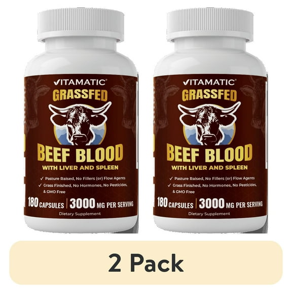 (2 pack) Vitamatic Grass Fed Beef Blood with Liver and Spleen Freeze Dried Non-GMO Pasture Raised Glandular Supplement 180 Capsules