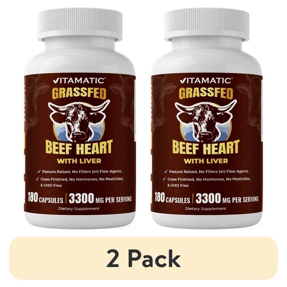 (2 pack) Vitamatic Grass Fed Beef Heart with Liver - 180 Capsules - Freeze Dried & Non-GMO - Pasture Raised Glandular Supplement - Made in USA
