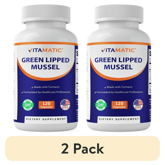 (2 pack) Vitamatic Green Lipped Mussel 2500 mg Equivalent with Turmeric 120 Veg Capsules | Formulated by Healthcare Professionals | Non-GMO & Gluten Free